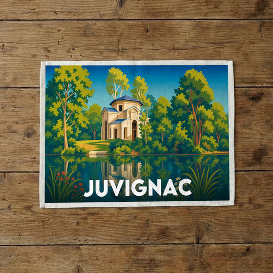 Torchon souvenir de la ville de Juvignac avec une illustration stylisée.