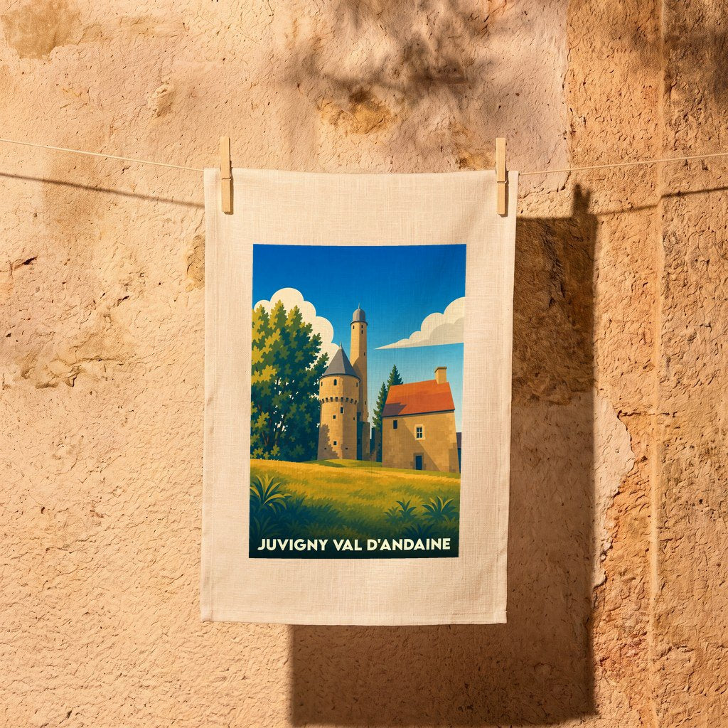 Torchon souvenir de Juvigny Val d'Andaine avec une illustration stylisée d'un château et de sa tour.