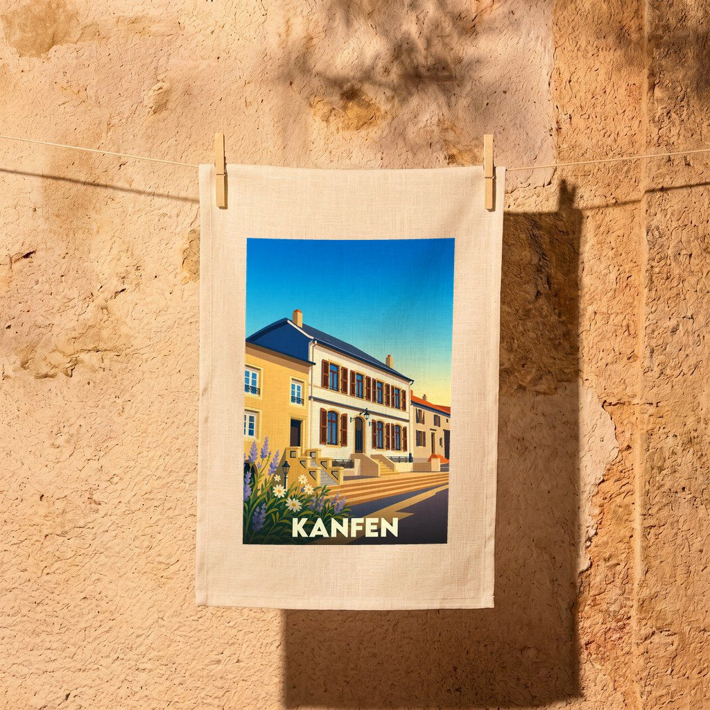 Torchon souvenir de la ville de Kanfen avec une illustration stylisée.