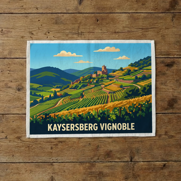 Torchon souvenir de Kaysersberg Vignoble avec une illustration stylisée de ses vignobles et de son château.