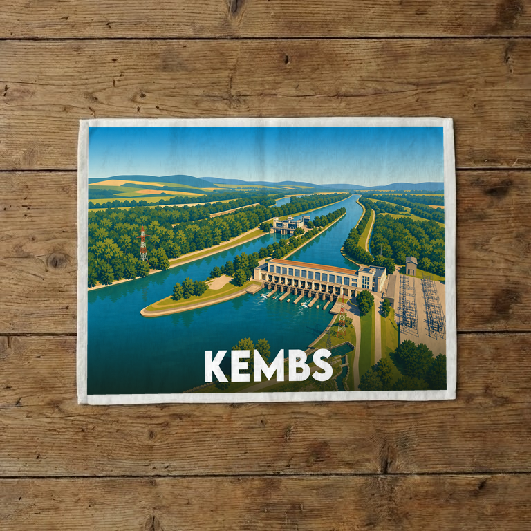 Torchon souvenir de la ville de Kembs avec une illustration stylisée du barrage et du paysage fluvial.