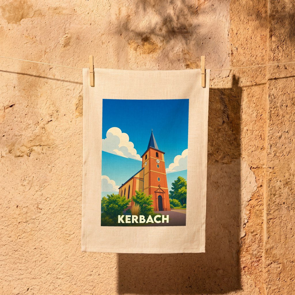 Torchon souvenir de la ville de Kerbach avec une illustration stylisée de son église.