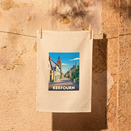 Torchon souvenir de la ville de Kerfourn avec une illustration stylisée.