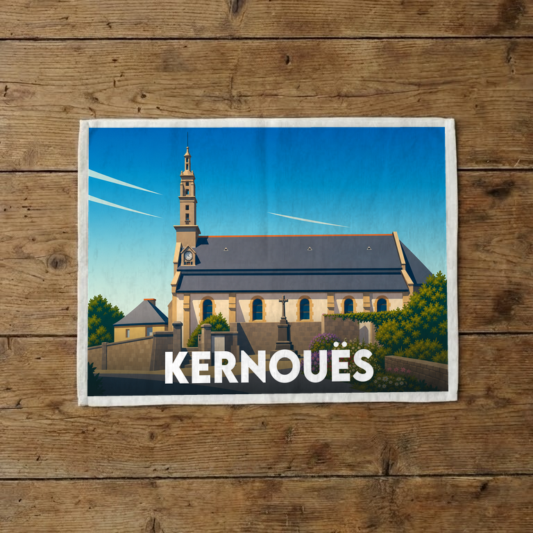 Torchon souvenir de la ville de Kernouës avec une illustration stylisée de son église.