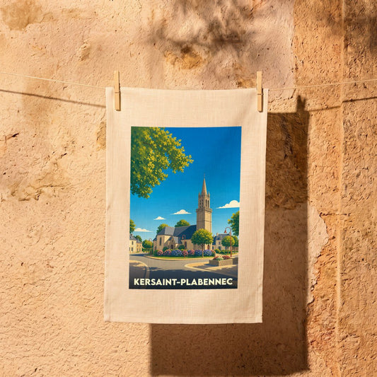 Torchon souvenir de la ville de Kersaint-Plabennec avec une illustration stylisée de son église.