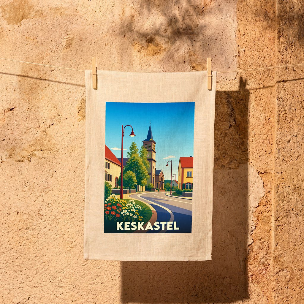 Torchon souvenir de la ville de Keskastel orné d'une illustration stylisée de son église et de ses rues.