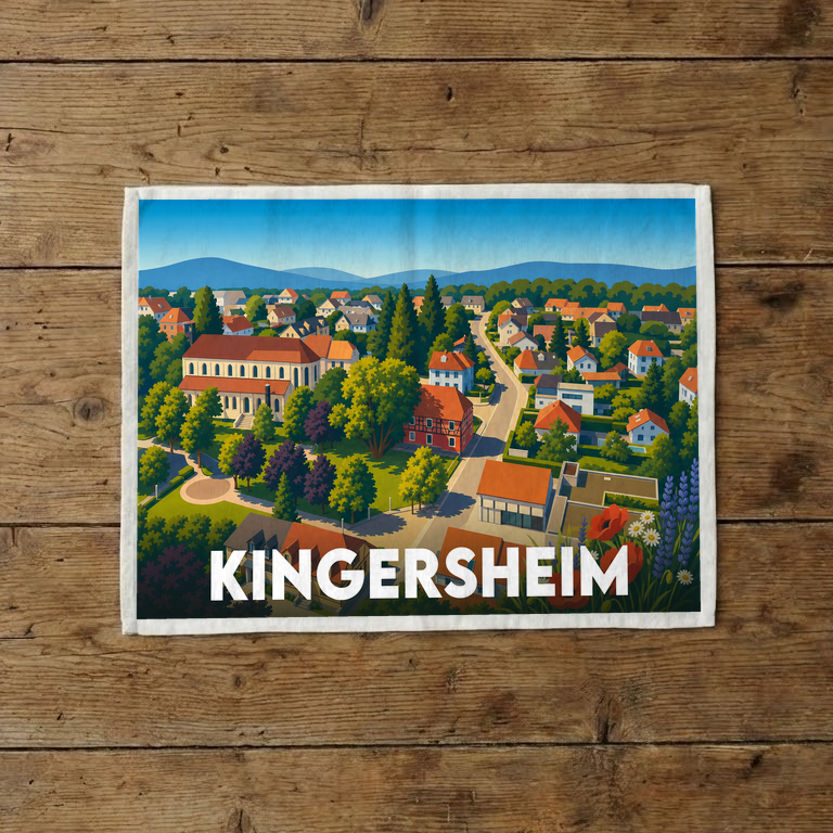 Torchon souvenir de la ville de Kingersheim avec une illustration colorée et stylisée du paysage urbain.