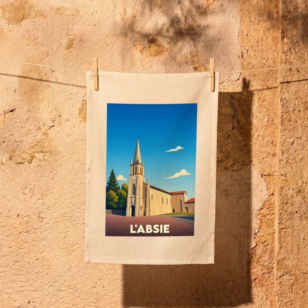 Torchon souvenir de la ville de L'Absie avec une illustration stylisée de son église.