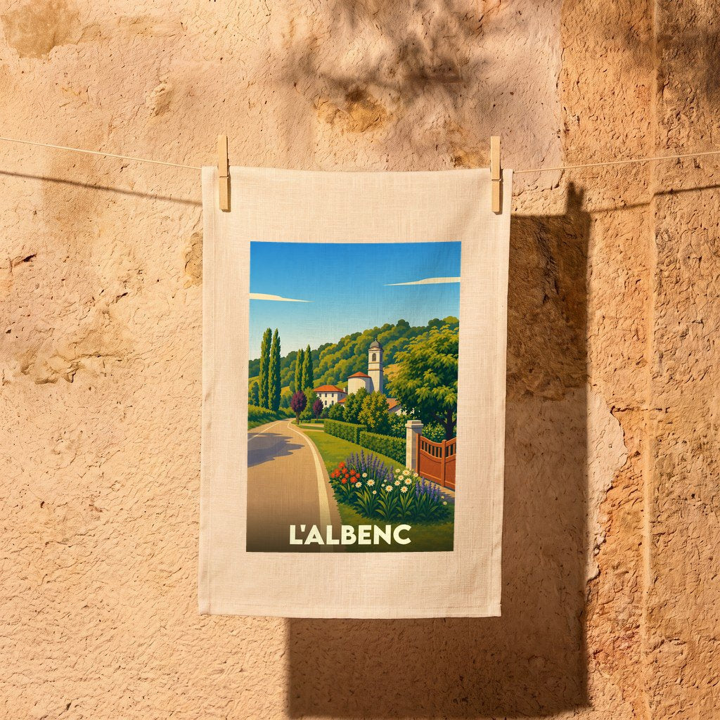 Torchon souvenir de la ville de L'Albenc illustré par un paysage de village provençal stylisé.
