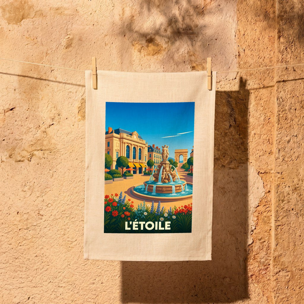 Torchon souvenir de la ville de L'Étoile avec une illustration colorée d'une place ensoleillée.