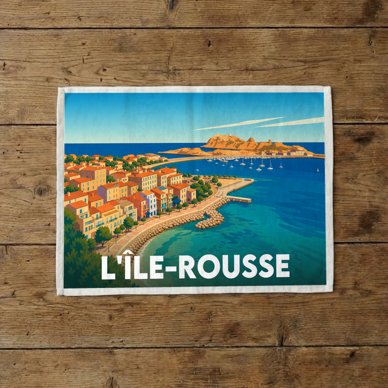 Torchon souvenir de la ville de L'Île-Rousse avec une illustration stylisée de son paysage côtier.