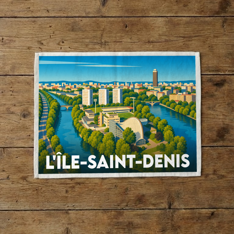 Torchon souvenir de L'Île-Saint-Denis avec une illustration stylisée représentant la ville et la Seine.