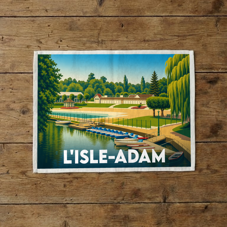 Torchon souvenir de la ville de L'Isle-Adam avec une illustration stylisée de sa plage et de son port.