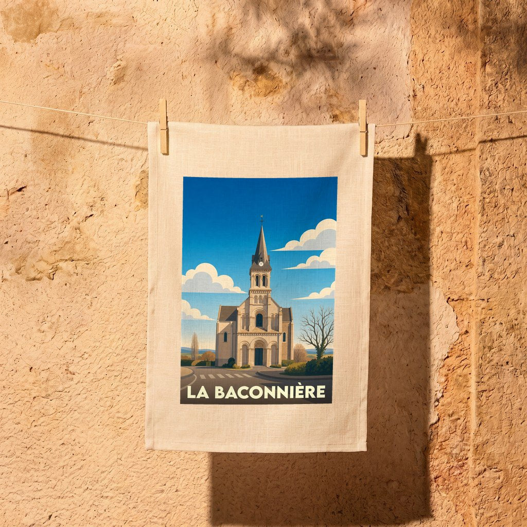 Torchon souvenir de la ville de La Baconnière avec une illustration stylisée de son église.