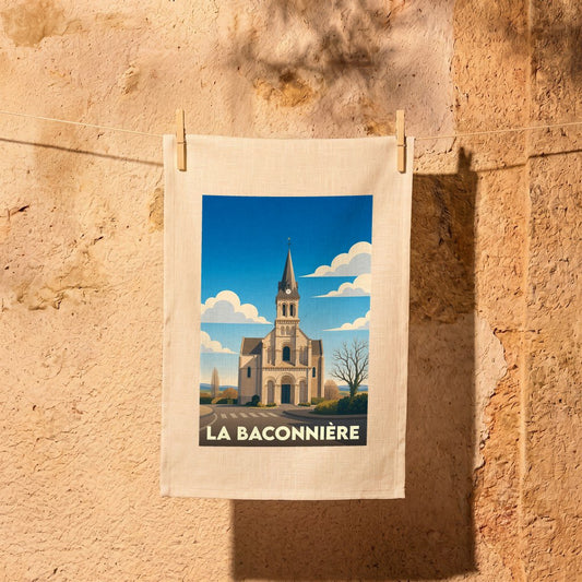 Torchon souvenir de la ville de La Baconnière avec une illustration stylisée de son église.