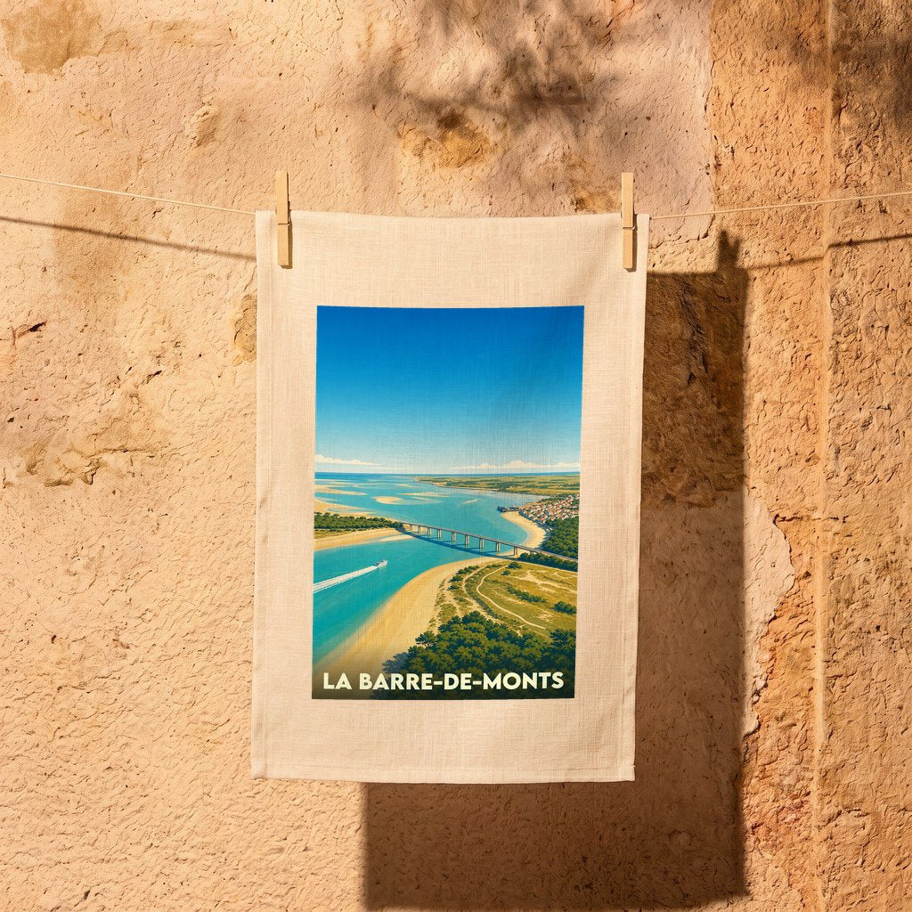 Torchon souvenir de la ville de La Barre-de-Monts avec une illustration stylisée du littoral et du pont.