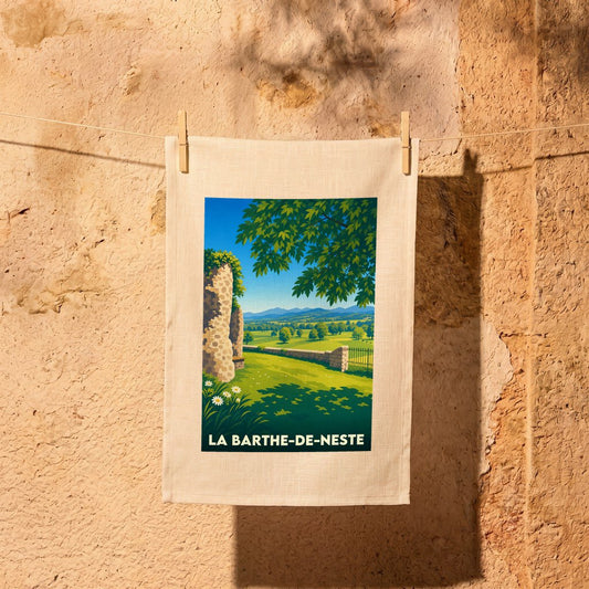 Torchon souvenir de la ville de La Barthe-de-Neste avec une illustration stylisée de son paysage champêtre.