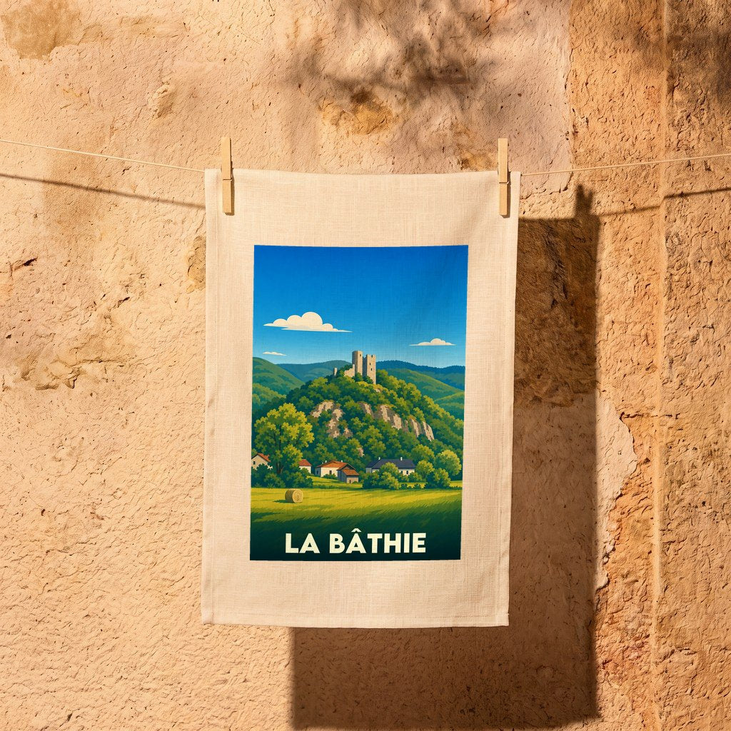 Torchon souvenir de la ville de La Bâthie avec une illustration stylisée représentant un château sur une colline verdoyante.