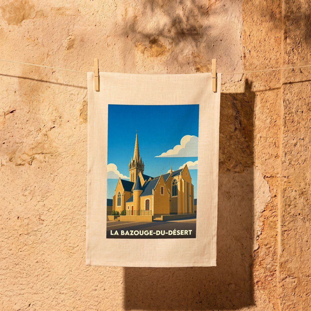 Torchon souvenir de la ville de La Bazouge-du-Désert avec une illustration stylisée de son église.
