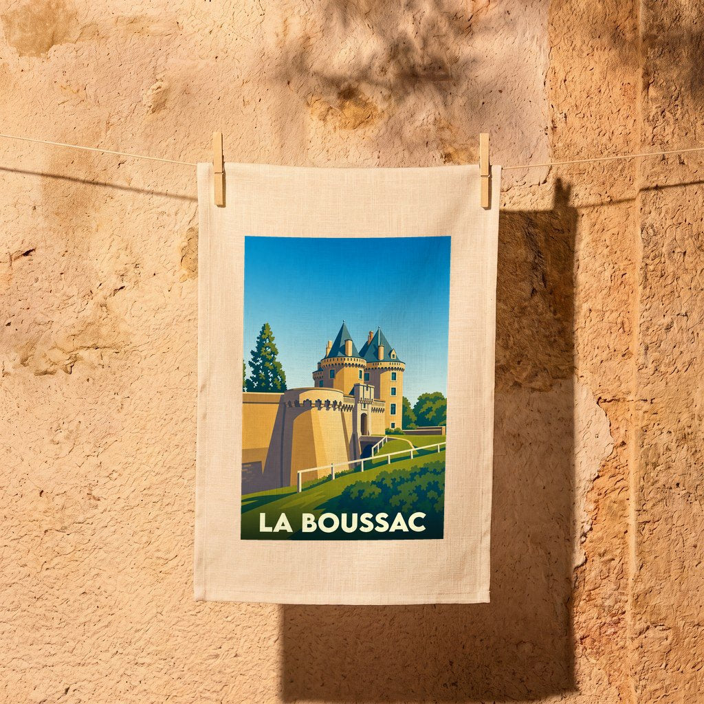 Torchon souvenir de la ville de La Boussac avec une illustration stylisée d'un château médiéval.