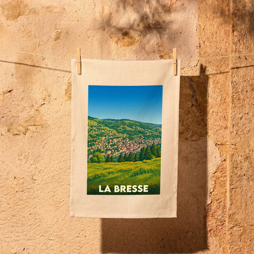 Torchon souvenir de la ville de La Bresse avec une illustration colorée de ses paysages montagneux.