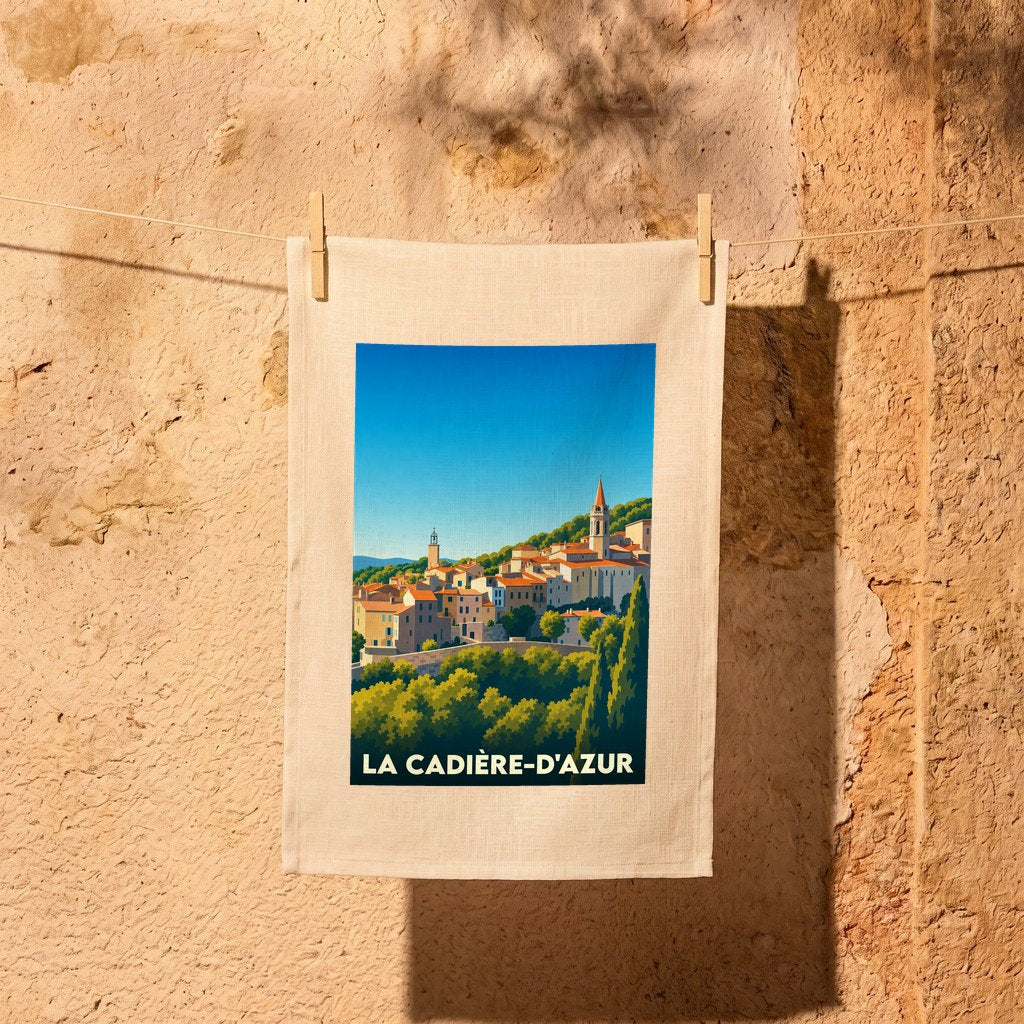 Torchon souvenir de la ville de La Cadière-d'Azur avec une illustration stylisée.