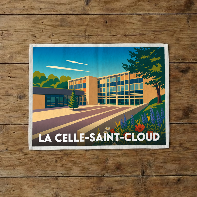 Torchon souvenir de la ville de La Celle-Saint-Cloud avec une illustration stylisée.