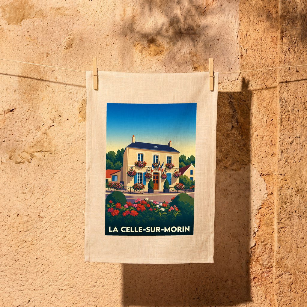 Torchon souvenir de la ville de La Celle-sur-Morin avec une illustration colorée et stylisée de sa mairie fleurie.