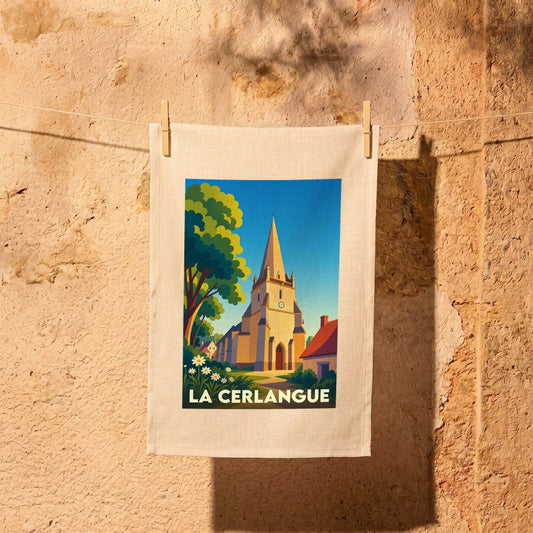 Torchon souvenir de la ville de La Cerlangue avec une illustration stylisée de son église.