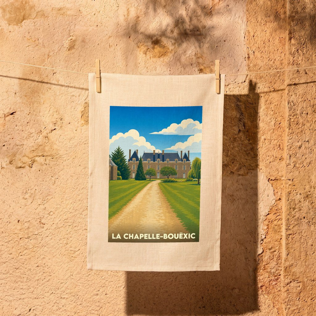 Torchon souvenir de la ville de La Chapelle-Bouëxic avec une illustration stylisée d'un château.