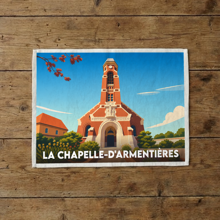 Torchon souvenir de la ville de La Chapelle-d'Armentières avec une illustration stylisée de son église.