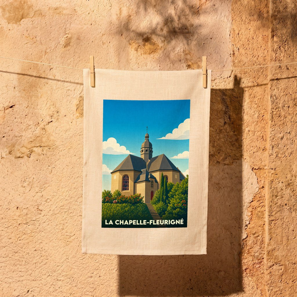 Torchon souvenir de La Chapelle-Fleurigné avec une illustration stylisée de son église.