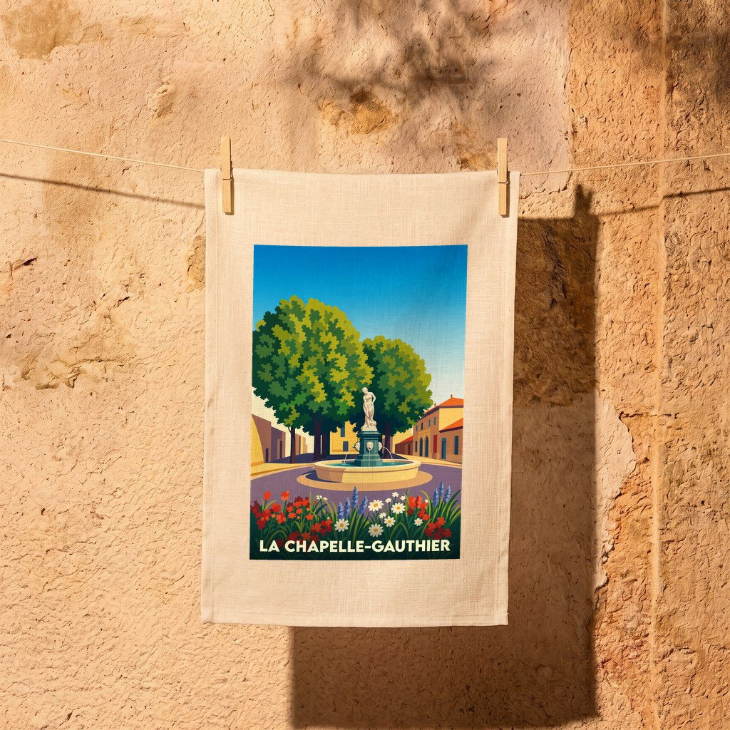 Torchon souvenir de la ville de La Chapelle-Gauthier avec une illustration stylisée d'une fontaine et de bâtiments provençaux.