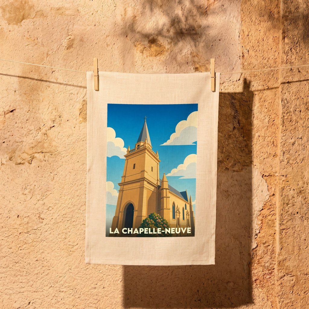 Torchon souvenir de la ville de La Chapelle-Neuve avec une illustration stylisée de son église.