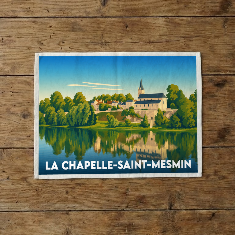 Torchon souvenir de la ville de La Chapelle-Saint-Mesmin avec une illustration stylisée des bords de Loire.