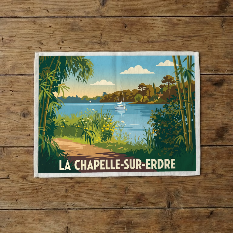 Torchon souvenir de la ville de La Chapelle-sur-Erdre avec une illustration stylisée d'un paysage au bord de l'eau.