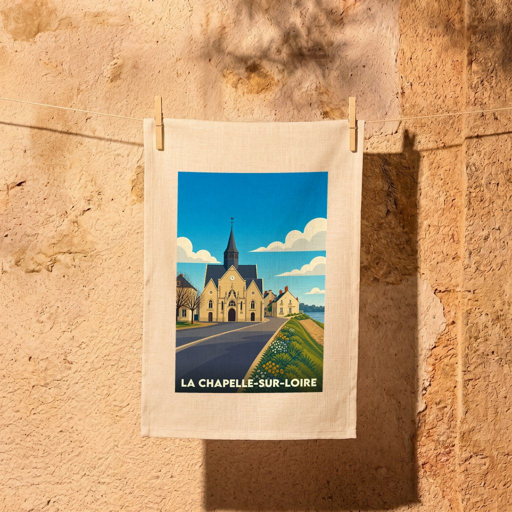 Torchon souvenir de la ville de La Chapelle-sur-Loire avec une illustration stylisée.