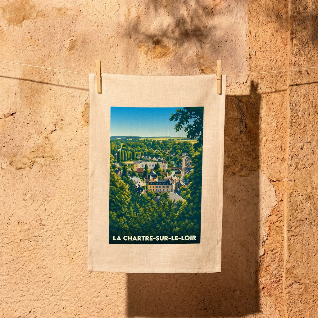 Torchon souvenir de la ville de La Chartre-sur-le-Loir avec une illustration stylisée d'un paysage verdoyant.