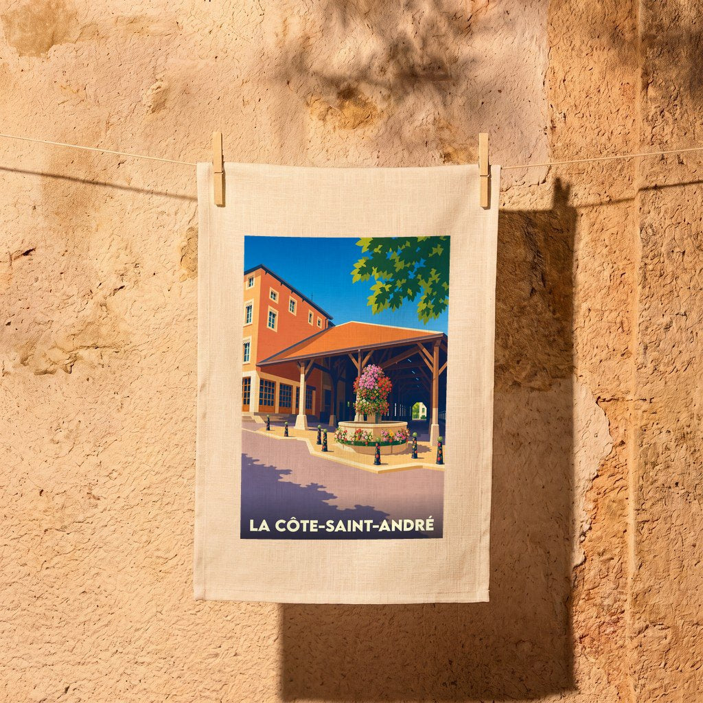 Torchon souvenir de la ville de La Côte-Saint-André avec une illustration stylisée de ses halles.