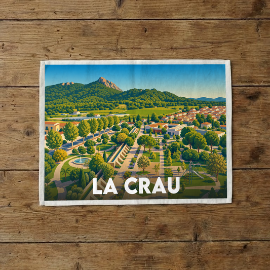 Torchon souvenir de la ville de La Crau avec une illustration stylisée de ses paysages.