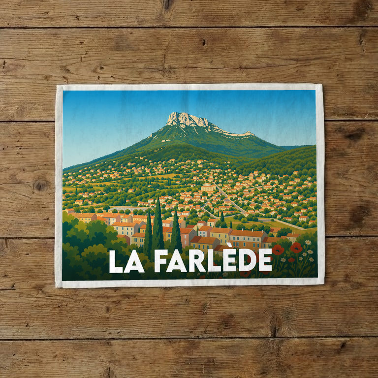 Torchon souvenir de la ville de La Farlède orné d'une illustration stylisée du village au pied de sa montagne.