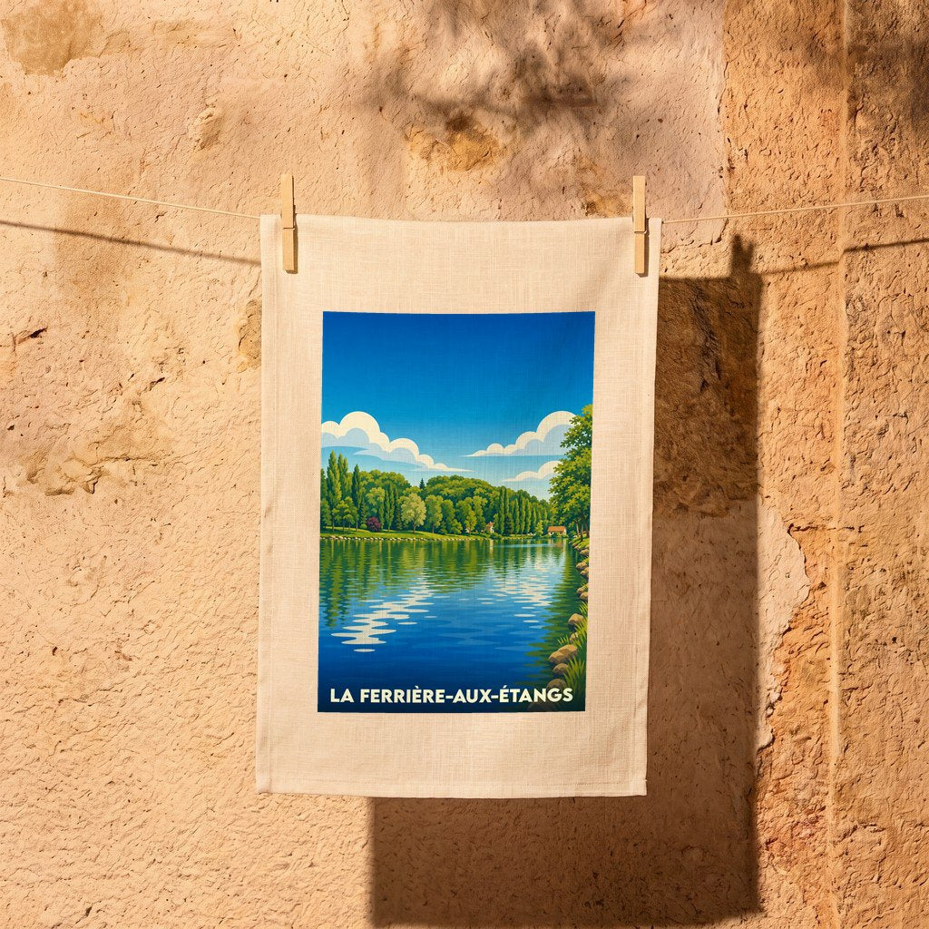 Torchon souvenir de la ville de La Ferrière-aux-Étangs avec une illustration stylisée d'un étang bordé de forêt.