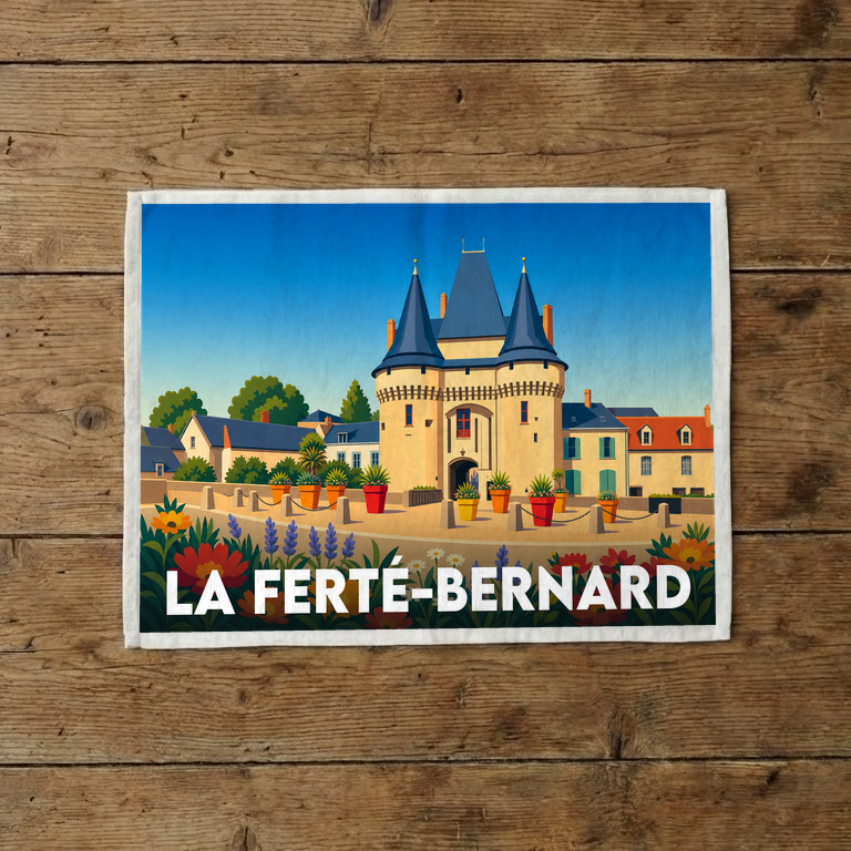 Torchon souvenir de la ville de La Ferté-Bernard avec une illustration stylisée de sa porte médiévale.