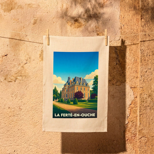 Torchon souvenir de la ville de La Ferté-en-Ouche avec une illustration stylisée d'un château.