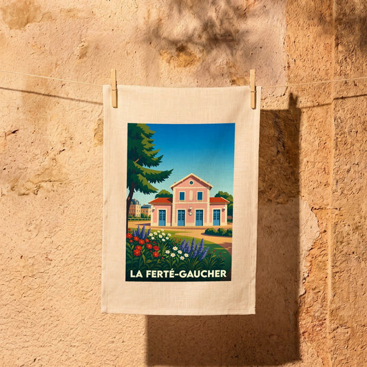 Torchon souvenir de la ville de La Ferté-Gaucher avec une illustration stylisée.