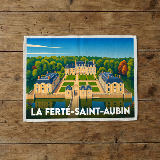 Torchon souvenir de la ville de La Ferté-Saint-Aubin avec une illustration stylisée de son château.