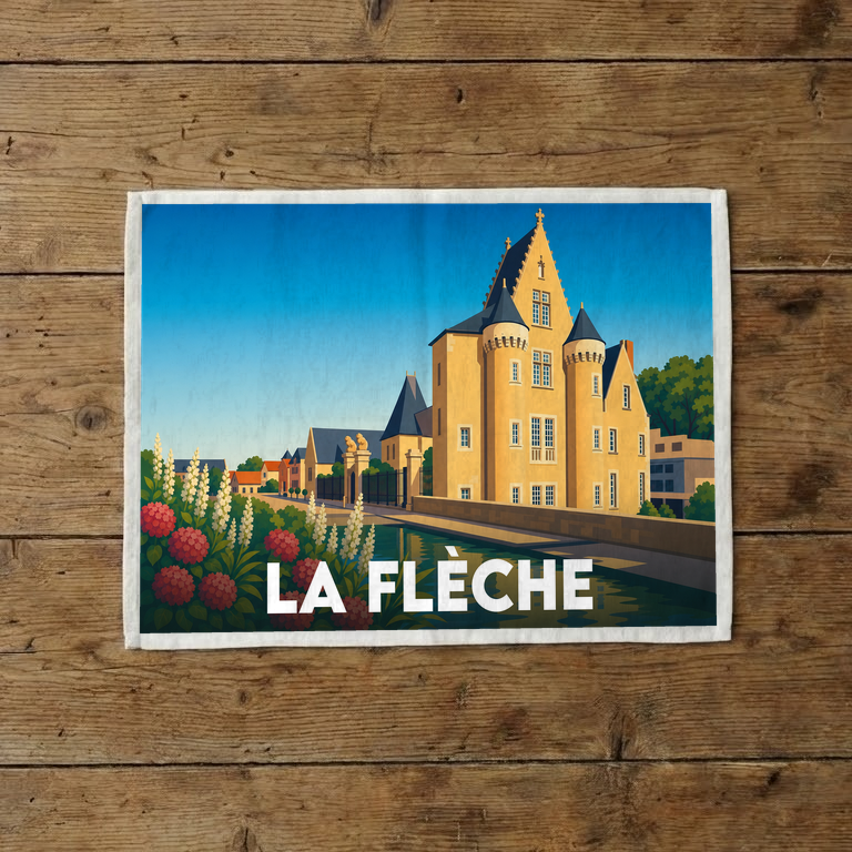 Torchon souvenir de la ville de La Flèche avec une illustration stylisée de son architecture historique au bord de l'eau.