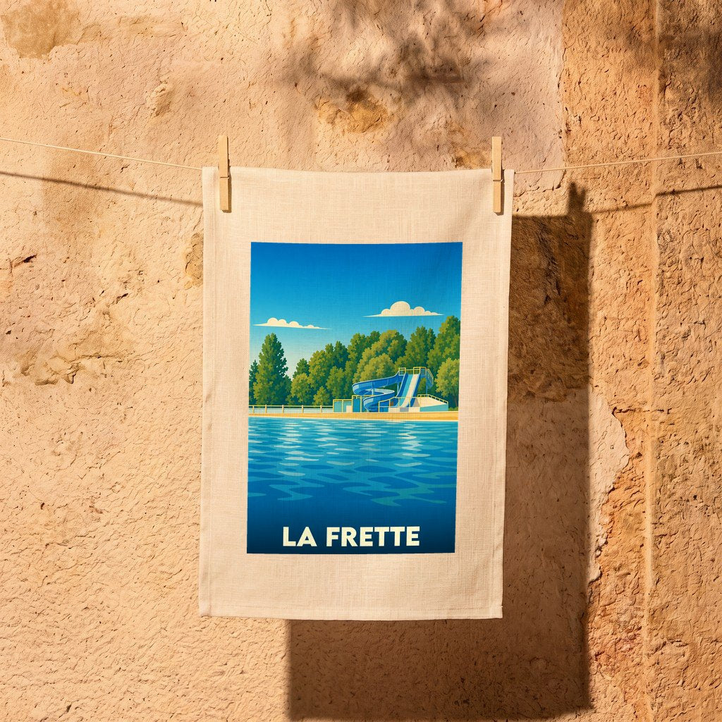 Torchon souvenir de la ville de La Frette avec une illustration stylisée d'une base de loisirs.