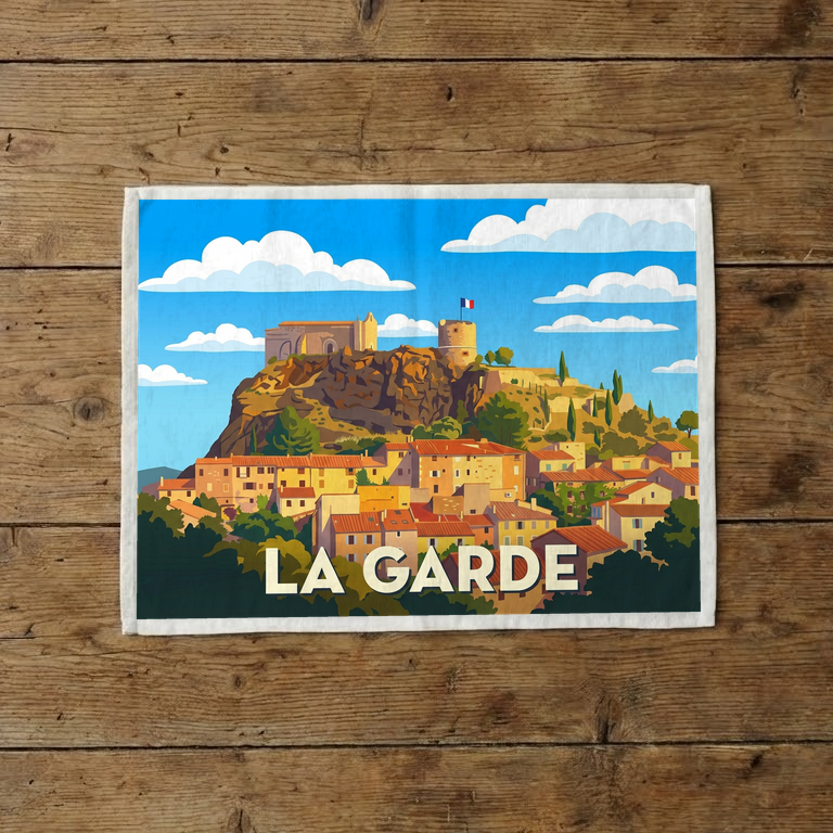 Torchon souvenir de la ville de La Garde avec une illustration stylisée.