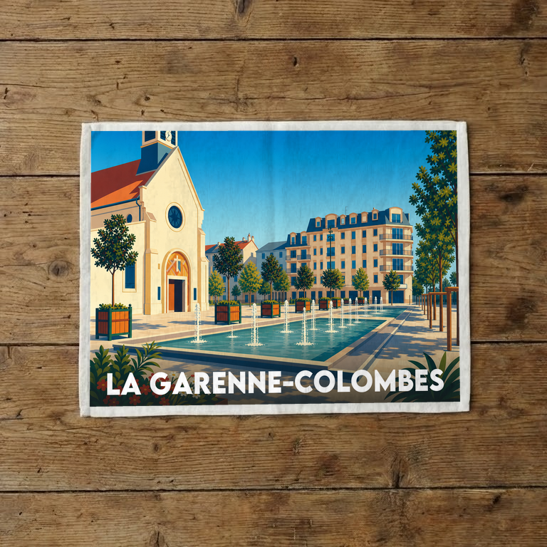 Torchon souvenir de la ville de La Garenne-Colombes avec une illustration stylisée de sa place centrale.